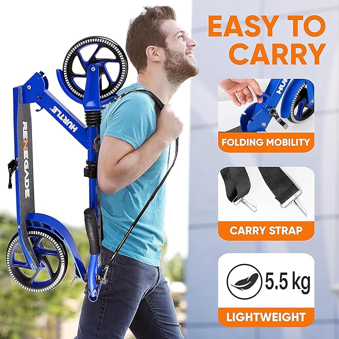 Hurtle Renegade Kick Scooter for Kids, Teenagers & Adults - 2-Wheel Folding Scooter with Adjustable T-Bar Handlebar - Alloy Anti-Slip Deck