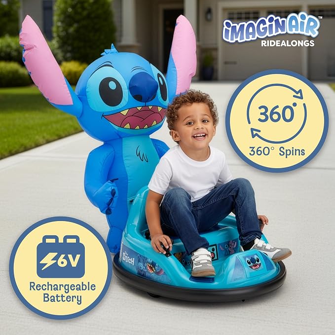 6V Stitch Toys Kids Bumper Car - Kids Electric Ride On Car, Toddler Toy, Auto-Inflated, Parent Remote Control, 360° Spins, LED Lights, 1MPH Speed, Max Weight of 66lbs, Age 1.5-4yrs