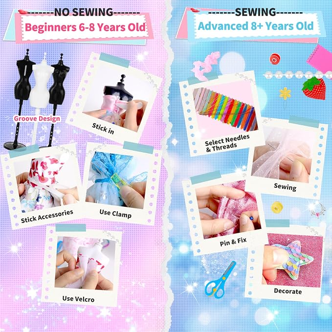 1000+ PCS Fashion Designer Kits for Girls, Sewing Kit for Kids with 4 Mannequins, DIY Doll Clothes Dress Making Kit, Arts and Crafts Sewing Kit Birthday Gifts for Teen Girls Age 6 7 8 9 10 11 12+