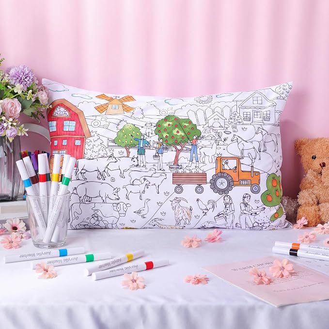 Mindsoft Coloring Pillowcase with 12 Pcs Markers Color Your Own Pillowcase Kit for Coloring Craft Decoration Supplies, 28.7 x 19.7 Inch(Farm)