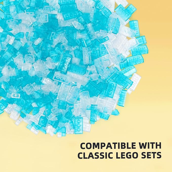 800 Pieces Building Bricks, 5 Sizes Building Pieces, Classic Slope Block Bulks - Compatible with All Major Brands, Transparent Blue/White