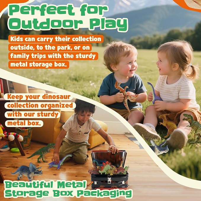 Zippytots Dinosaur Toys for Kids 3-5-7-14 Realistic Plastic Dinosaur Figures with Metal Storage Box & Learning Booklet - Educational Dino Figure Toys for Boys Girls Toddlers
