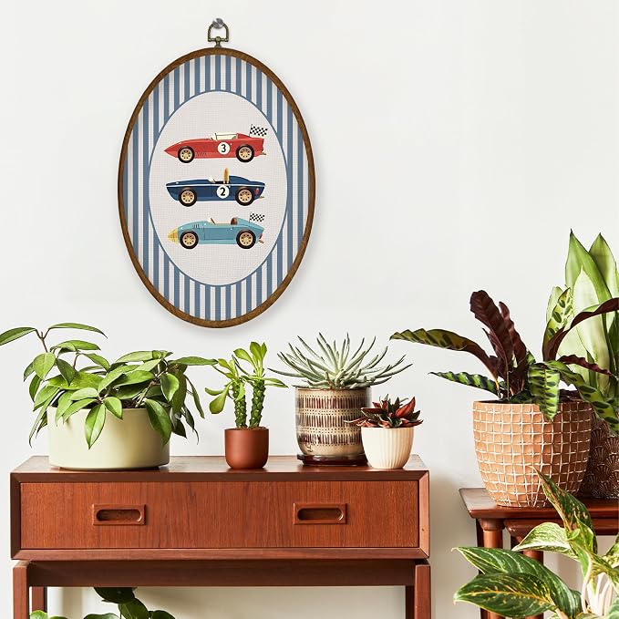 WULQYING Race Car Boy Nursery Wall Art Decor, Boys Room Oval Framed Canvas Art Prints, Vintage Race Car Blue Striped Wall Hanging Decor for Kids Nursery Room Bedroom Playroom, 8.6x11.4 Inches