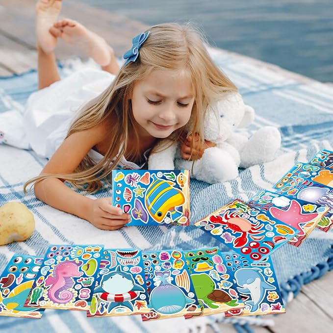 24 Sheets Ocean Stickers for Kids, Make Your Own Ocean Animals Stickers for Kids, Toddlers Classroom Art Crafts, Summer Birthday Party Favors