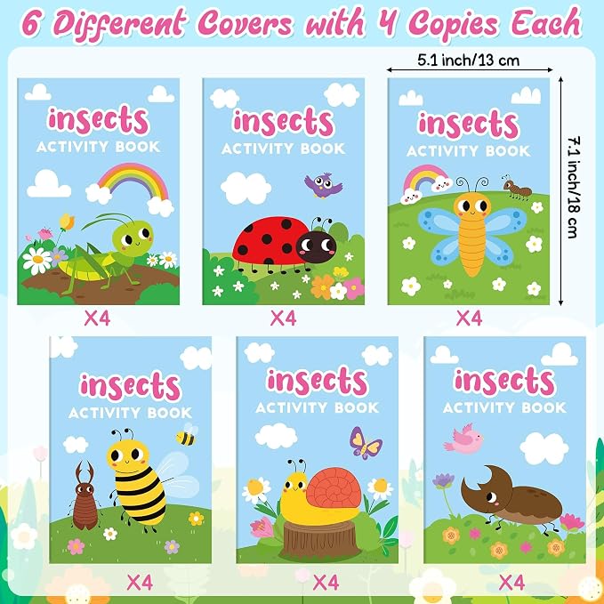 Insect Activity Books for Kids -24Pcs Bulk Insect Theme Games Coloring Book Set Mini Mazes Word Search Word Scramble Games for Birthday Graduation Holiday Party Goodie Bags Stuffer Classroom Favors