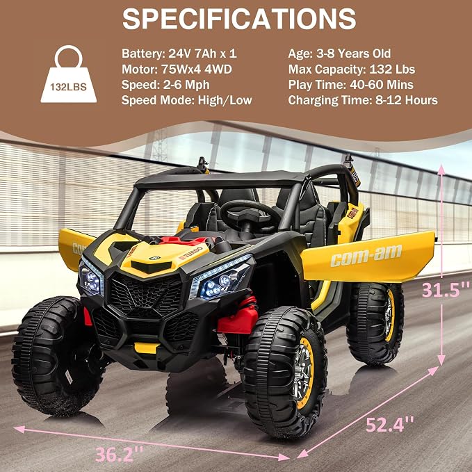 24V 2-Seater UTV Ride on Toy with Remote Control – Powerful 4WD Electric Vehicle Features 4 Shock Absorbers, Leather Seats, Music, and Lights. Designed As a 24V Ride-on Toy for Big Kids