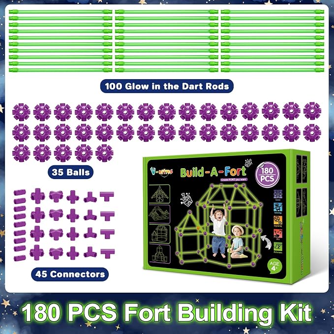 V-Opitos 180 Pack Glow in The Dart Fort Building Kits for Kids Age 4, 5, 6, 7, 8+ Years Old, STEM Building Toys for DIY Castles, Tunnels, Ideal Christmas, Birthday Gifts for Boys & Girls