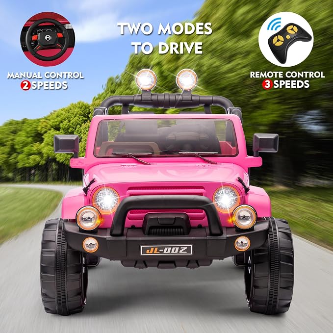 2 Seater Ride On Truck and Car Cover, 12V Children's Electric Car with Parental Remote Control, Music, Bluetooth, MP3 Player, LED Lights, Spring Suspension, Pink