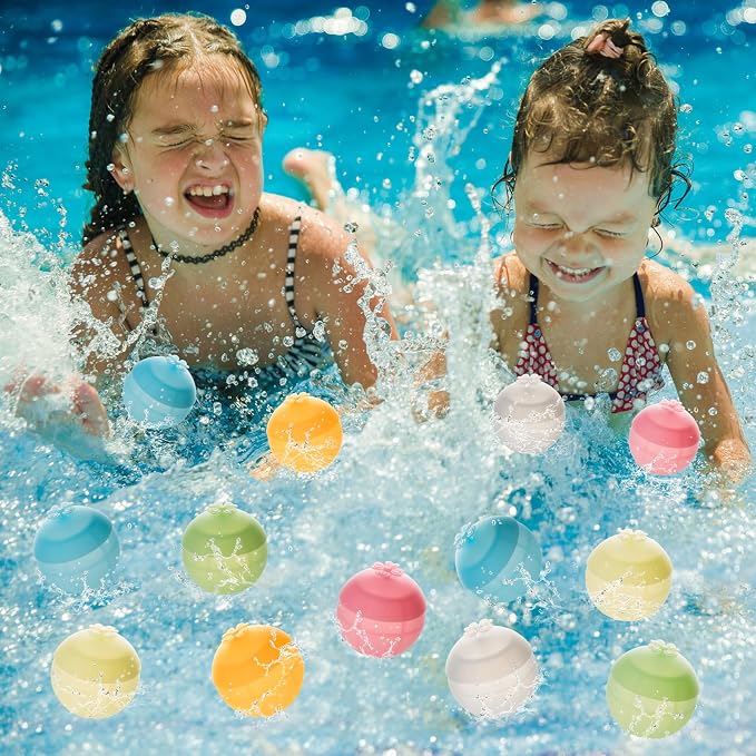 Reusable Water Balloons, Refillable Silicone Water Balls 12 Pack, Self Sealing Water Balloons, Quick Fill Water Balls for Kids Pool Beach