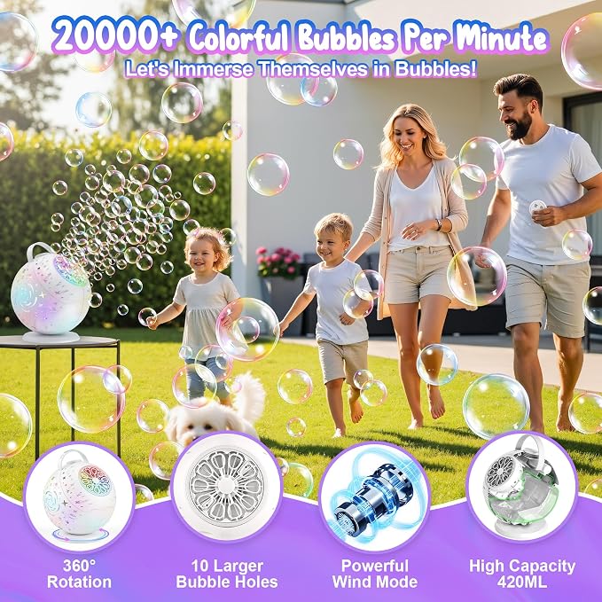 Bubble Machine with Remote Control, 360° Automatic Rotation & 7 RGB Lights Rechargeable Bubbles Machine for Kids Boys Girls, Portable Bubble Machine for Parties Wedding Birthday Outdoor