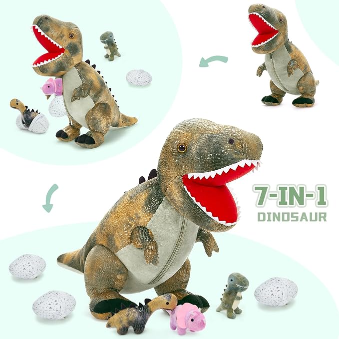 MorisMos Dinosaur Stuffed Animals Set,23.6'' Big Stuffed Dinosaur Mommy + 3 Baby Dino Toys+3 Plush Dino Eggs, Boy Girl T-Rex Toys for Kid Birthday Gift,Realistic T-rex, CPC Certified,Machine Washable