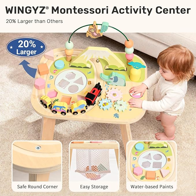 WINGYZ Activity Table for 1 Year Old Toddler, 9-in-1 Morandi-Colored Wooden Montessori Toys, Baby Play Table with Bead Maze Shape Sorter Train Toy, Educational Gifts for 12 Months+ Kids Boys Girls