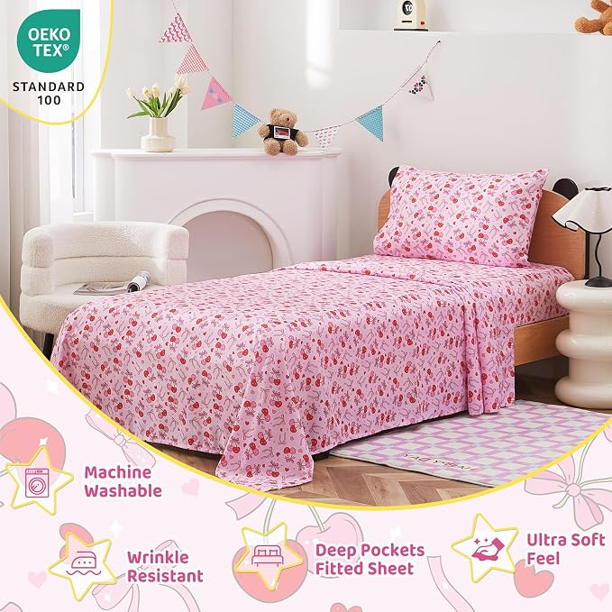 Viviland 3 Pieces Girls Bow Cherry Twin Sheet Set - Soft Microfiber Fitted Flat Sheets & Pillowcase Bed Sheet Set - Pink Bedding Sets for Kids