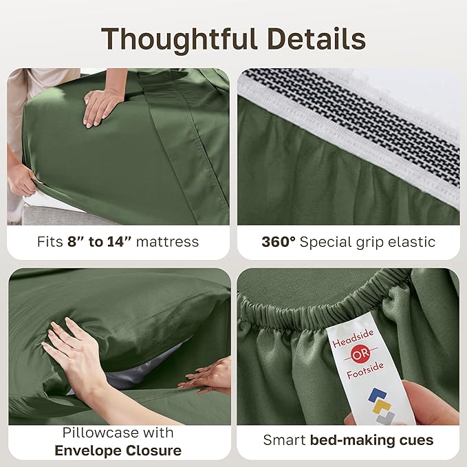 California Design Den Soft 100% Cotton Percale Sheets Twin Size Bed Set with Deep Pockets - Crisp, Breathable and Durable Cotton Bedding Set - Olive Green