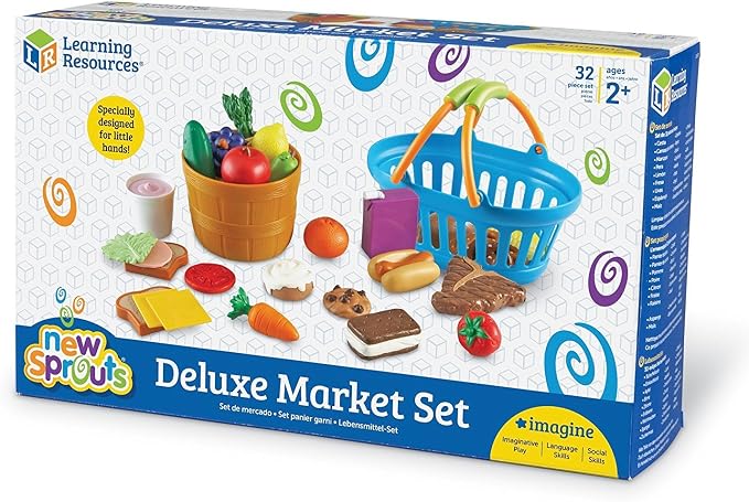 Learning Resources New Sprouts Deluxe Market Set - Pretend Play Kitchen, Fruit Basket, Toddler Outdoor Play Food Toys, Kids Playset, Shopping Basket, Fine Motor Skills, Montessori Sensory Cooking
