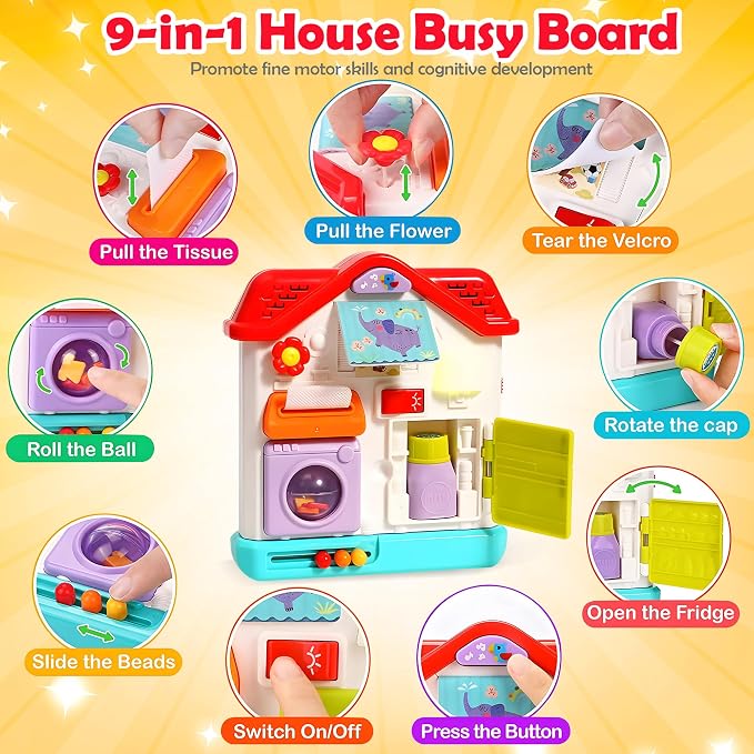 Musical House Busy Board for Toddlers 1-3, 9-in-1 Activity Toy | Light-Up House with Music, Fine Motor & Screen-Free Toddler Play, Activity learning Toys for 1 + Year Old