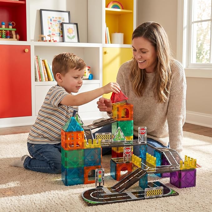 Magnetic Tiles Road Set, 89 PCS Magnetic Building Blocks with Roads, Bridges & Ramps, STEM City Building Toys for Kids Ages 3-8, Educational Construction Magnet Toys, Gifts for Boys Girls