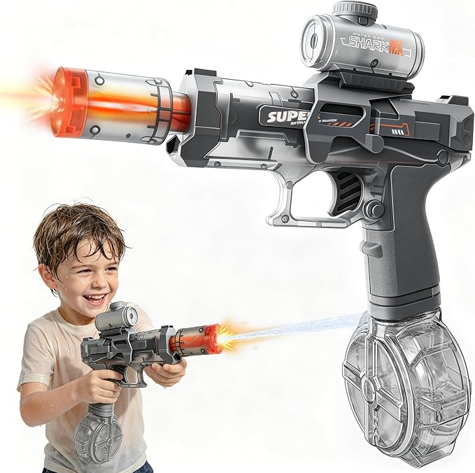 GONINO Electric Water Gun for Kids & Adults, Automatic LED Water Sprayer with Long Range Stream, Leak-Proof Rechargeable Battery Powered Outdoor Pool Toy, Summer Party Gift for Boys Girls, Gray