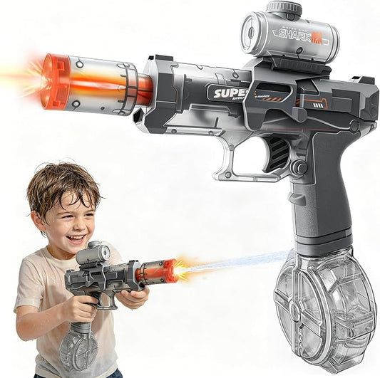 GONINO Electric Water Gun for Kids & Adults, Automatic LED Water Sprayer with Long Range Stream, Leak-Proof Rechargeable Battery Powered Outdoor Pool Toy, Summer Party Gift for Boys Girls, Gray