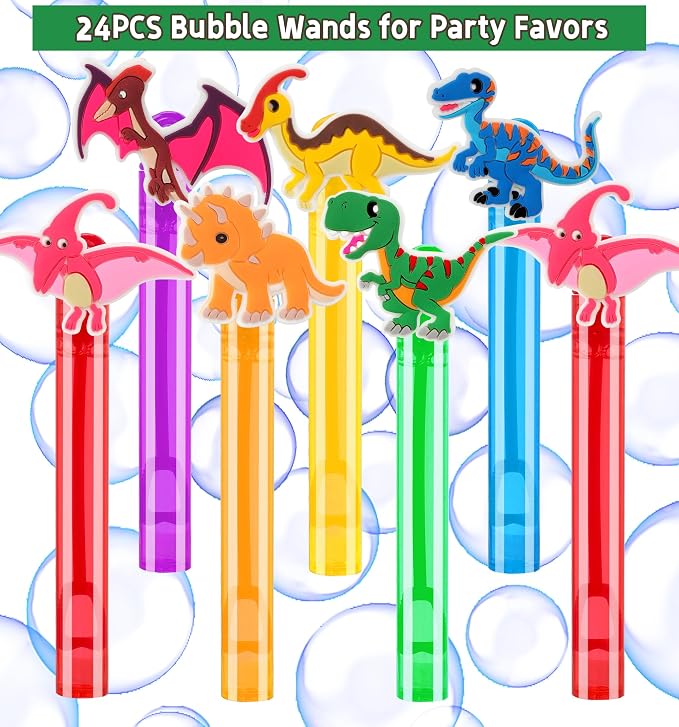 24Pcs Dinosaur Bubble Wands for Kids Dino Party Favors Supplies Decorations, Pinata Goodie Bag Stuffers & Classroom Prizes