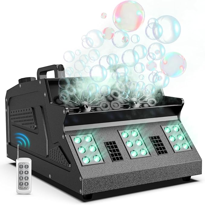 2000W Fog Bubble Machine, 3 in 1 Bubble Machine with 2 Bubble Fans,7 CH 18 RGB LED Lights Smoke Bubble All IN 1 Machine, Fog Machine Stage Effect for Party, Wedding, Halloween, 1 PACK