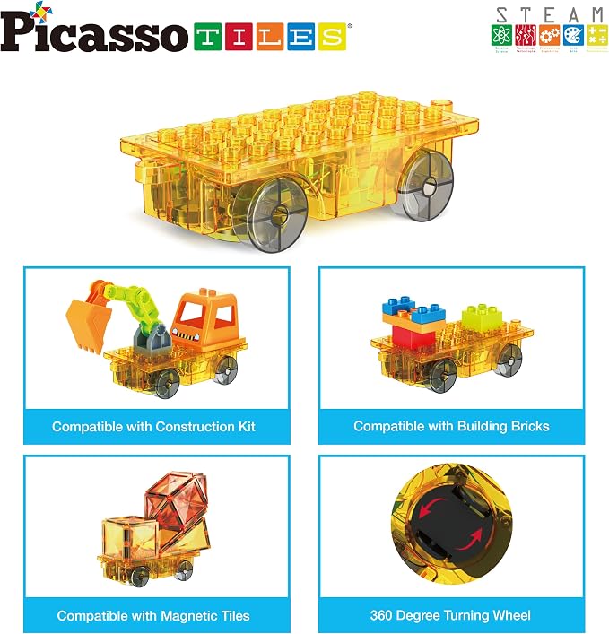 PicassoTiles Magnet Tile Motorized Car Base Self Turning Omnidirectional Truck with Light And Motor Playset Magnetic Tiles Construction Building Blocks Compatible STEM Learning Preschool Ages 3+ PTU05