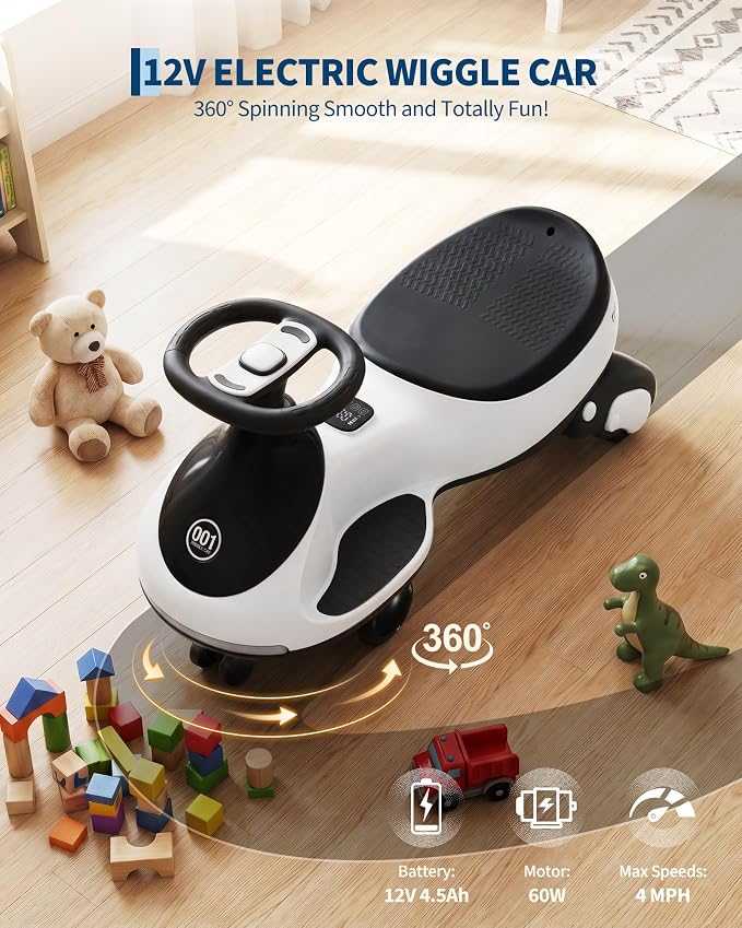 Garvee 12V Electric Wiggle Car for Kids, 2 in 1 Swing Car with Pedal, Anti-Rollover, Max Load 130Lbs,Flashing Wheels, Music,Rechargeable Battery Ride on Toy Indoor Outdoor for Toddlers, White
