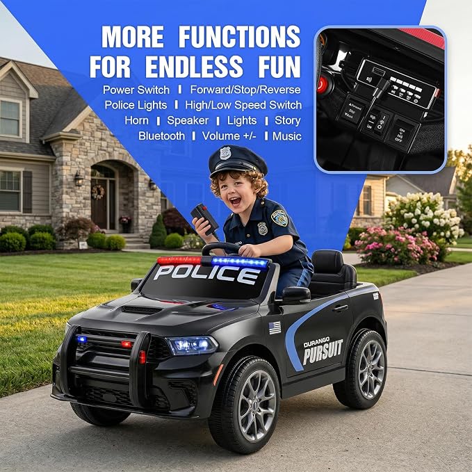 12V Kids Ride On Police Car, Licensed Dodge Durango Electric Ride On SUV with Remote Control,Dual 390 Motors, LED Lights, Music, Bluetooth, Siren, Megaphone Battery Powered Ride On Toy for Kids, Black