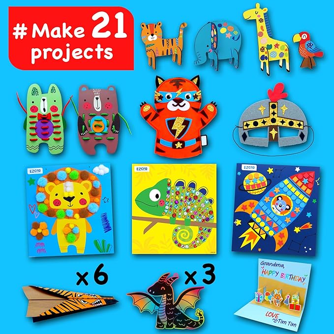 EZCRA Craft Kits for Kids Ages 4-8 - 21 Projects in 1 Craft Box for Kids - All Inclusive No Mess Arts and Crafts Kit, Educational Activity Box for Boys & Girls