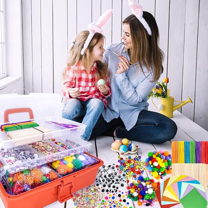 kortes Jumbo Art and Craft Supplies for Boys and Girls, Toddler DIY Craft Art Supply Set Included Pipe Cleaners, Pom Poms, Feather, Folding Storage Box - All in One for Craft DIY Art Supplies(Orange)