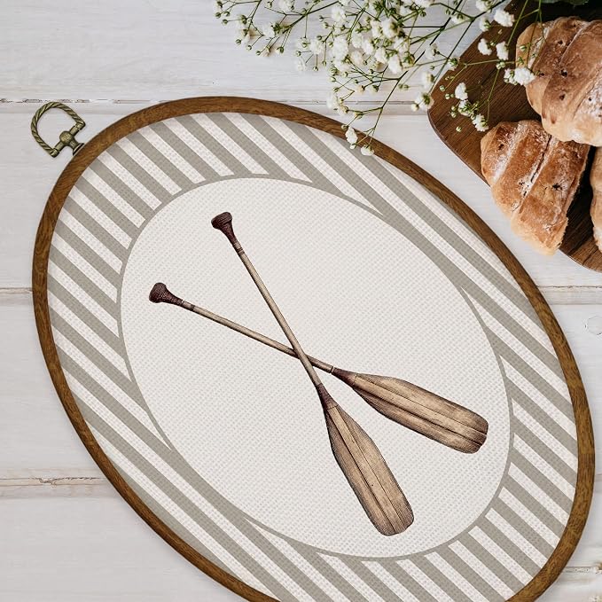 WULQYING Coastal Nautical Rowing Oars Wall Art Decor, Nautical Nursery Oval Framed Canvas Art Prints, Coastal Beach Paddles Wall Hanging Decor for Kids Room Bedroom Playroom, 8.6x11.4 Inches