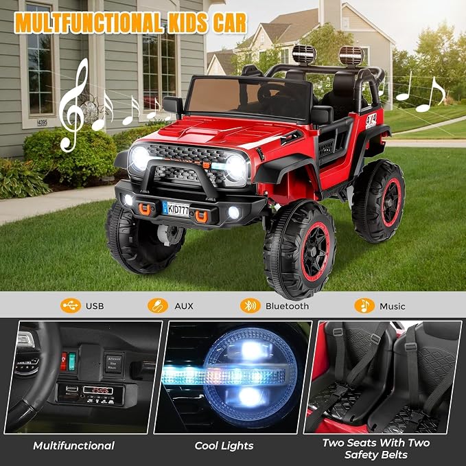 Hikole 24 Volt Electric Ride on Car, 2 Seater Battery Powered Car for Big Kids with Remote Control, 4WD/2WD Switchable Ride on Truck w/4 Spring Suspension, Music, 20" Wide Seat -Red