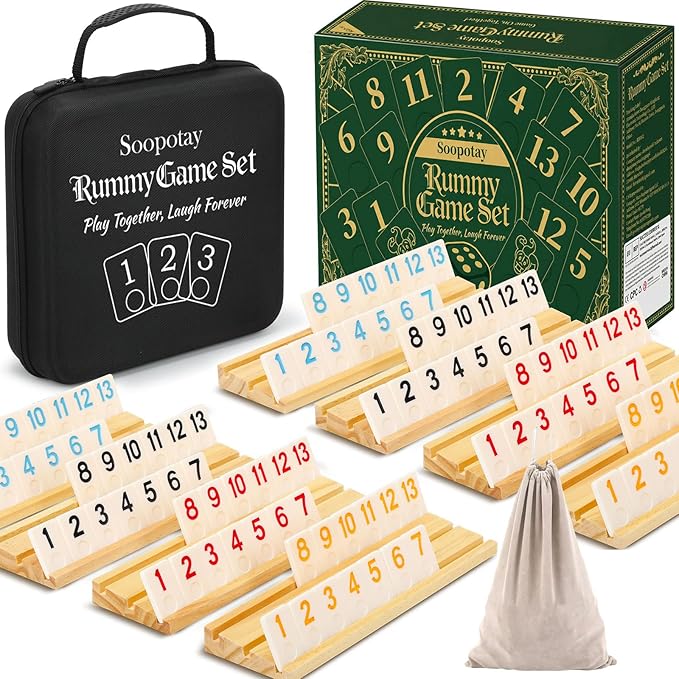 2-8 Players Games Gifts for Men Women Father Mother, Rummy Game Set, 214 Melamine Tiles, 8 Wooden Racks, Drawstring Bag, Premium Portable Case, Tile Board Games for Adults