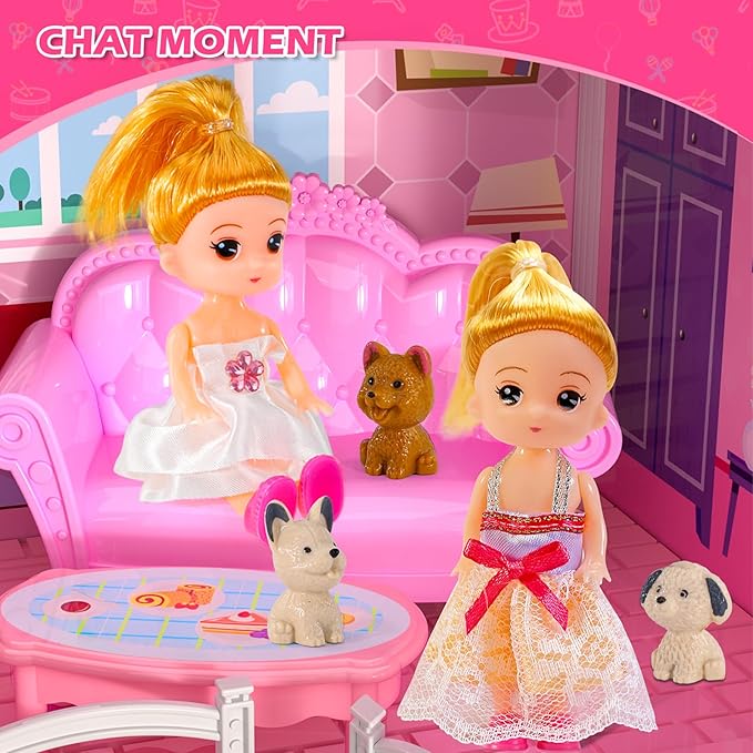 Doloowee DIY Dollshouse for Girls 4-8 - 2-Story House with 3 Themed Rooms, 2 Dolls, 4 Dogs, Slide & Yard - Dolls House Toys for Imaginative Play