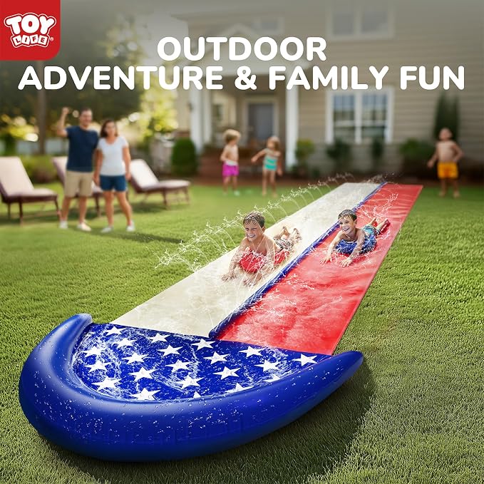 TOY Life Giant American Flag Water Slides for Kids 20FT Waterslide Backyards Lawn with 2 Bodyboards 2 Lane Slip Splash and Slide Summer Toys with Built-in Sprinkler for Backyard Outdoor Water Toys Fun