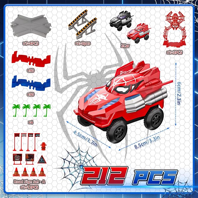 Spider Race Track Toys for Boys 4-6 - Monster Truck Toys for 3 4 5 6 7 8 Year Old Boys Girls, Toddler Tracks Playset with 2 Electric Spider Cars, Kids Christmas Birthday Gifts Age 3-4 3-5 6-8 (212PCS)