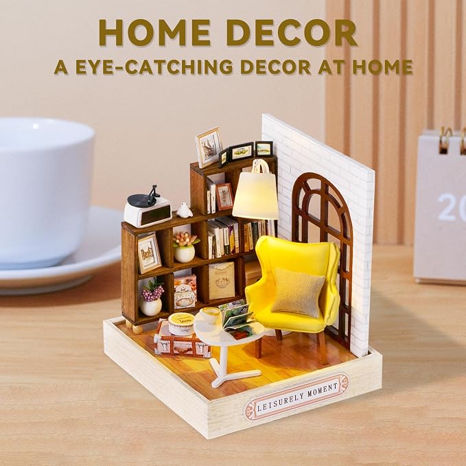 Kisoy Dollhouse Miniature with Furniture Kit, DIY 3D Wooden DIY House Kit with Dust Cover,Handmade Tiny House Toys for Teens Adults Gift(Leisurely Moment)