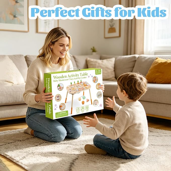 Wooden Activity Table, 6-in-1 Montessori Activity Table for Toddlers, Activity Center for Babies Aged 1–3, Sensory Toys, for Boys and Girls 1+ Years Old