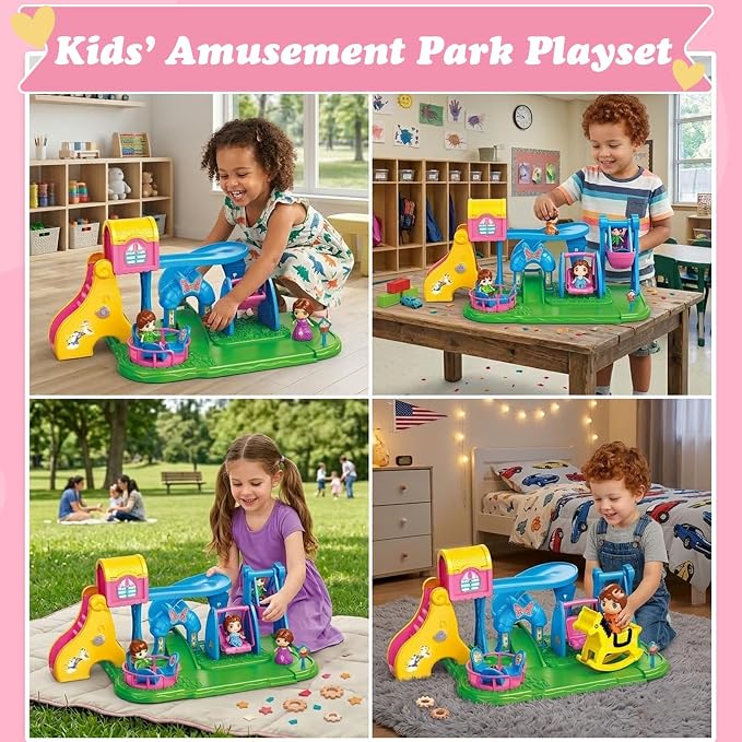 Building Toys Kids Playground Set, Pink Amusement Park Toy Playset with 4 Doll Figures, Swing Slide Rocking Horse & Spinning Ride, Pretend Play Dollhouse for Girls 3 4 5 6 7, Gift for Kids
