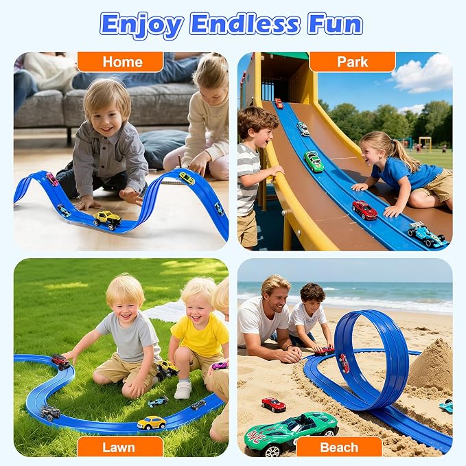 15Ft Flex Track, Flexible Race Car Track for Kids Toy with 10 Suction Cups, Rolls Up Portable Racetrack Compatible with Hot Wheels & Diecast 1/64th Cars, Birthday Gifts for Boys Girls (Blue)