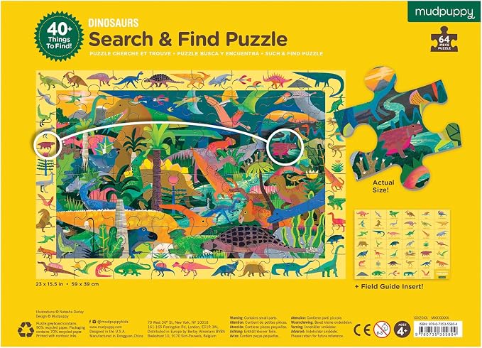 Mudpuppy Dinosaurs — 64 Piece Search & Find Puzzle Jigsaw Puzzle Featuring Diverse Prehistoric Animals and Over 40 Hidden Images to Find for Ages 4+