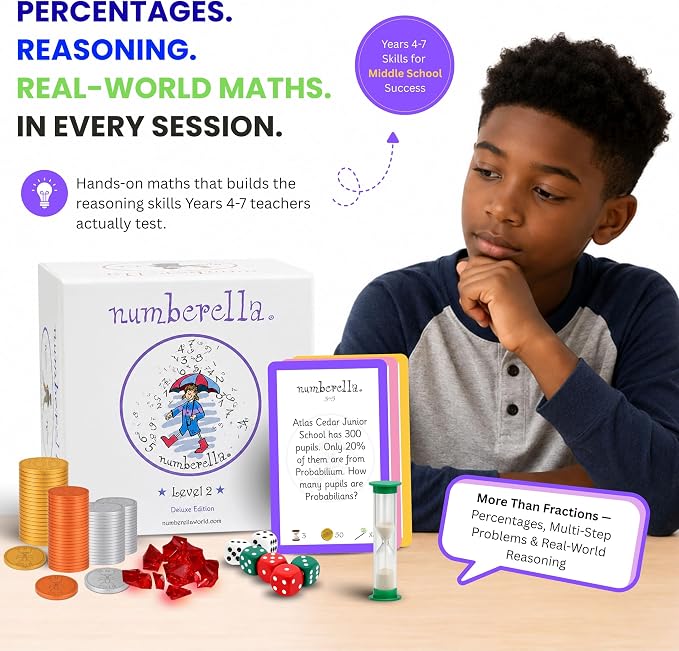 Numberella Deluxe Math Card Game – Level 2 | Ages 10–13, Grades 5–7 | Fractions, Decimals & Percentages | Award-Winning STEM Board Game | 432 Questions, 6 Card Types | 2–5 Players