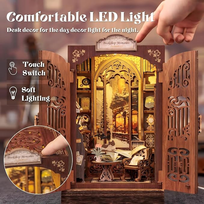 Fsolis Book Nook Kit - Booknook Bookstore (Bookshop Memory) | 3D Wooden Puzzles for Adults and Beginners, DIY Miniature House Kit Bookish Gifts for Women Book Lovers