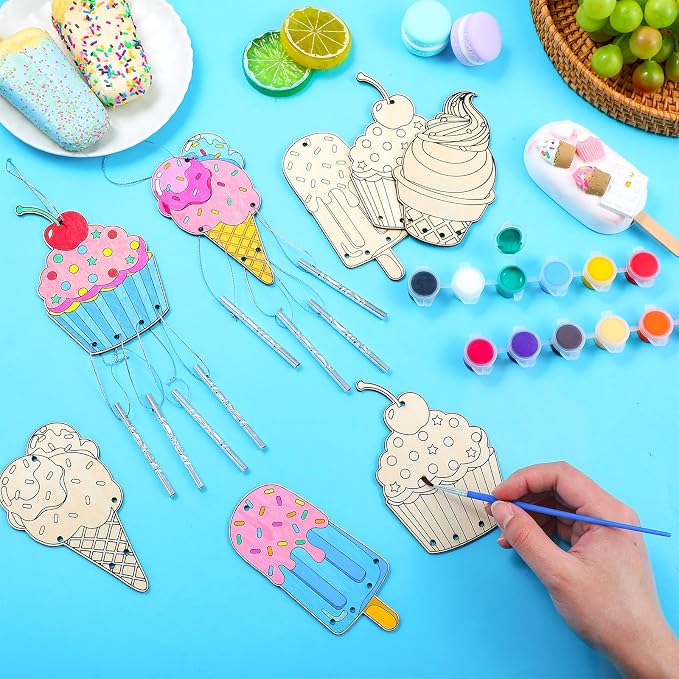 Silipull 24 Sets Summer Wind Chimes Craft for Kids Color Your Own Ice Cream Windchime DIY Unfinished Wood Hanging Ornaments Coloring Wind Chime for Kids Gifts School Home and Party Supplies