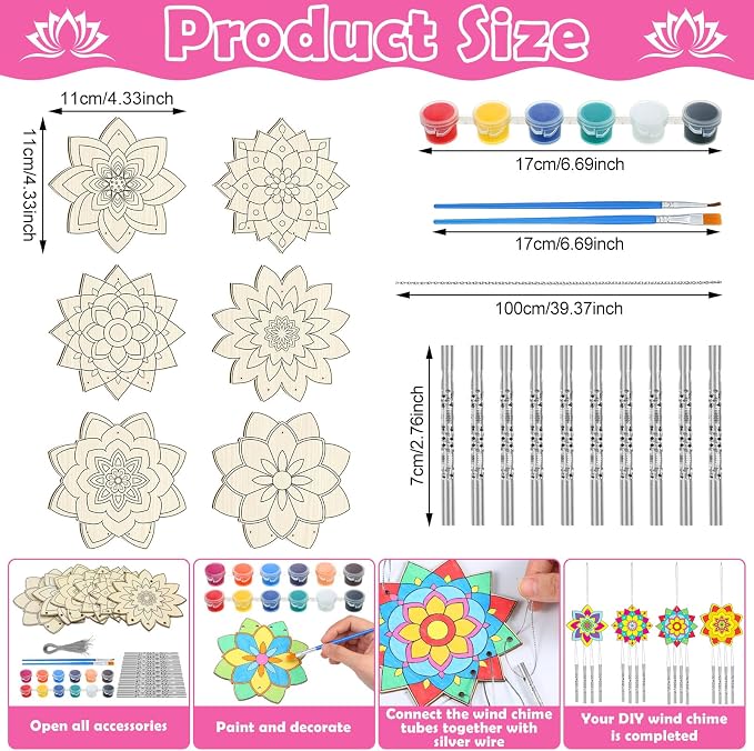 Silipull 24 Sets Lotus Flower Wind Chimes Craft for Kids Color Your Own Mandala Windchime DIY Unfinished Wood Hanging Ornaments Coloring Wind Chime for Spring Summer Kids Gifts School Party Supplies