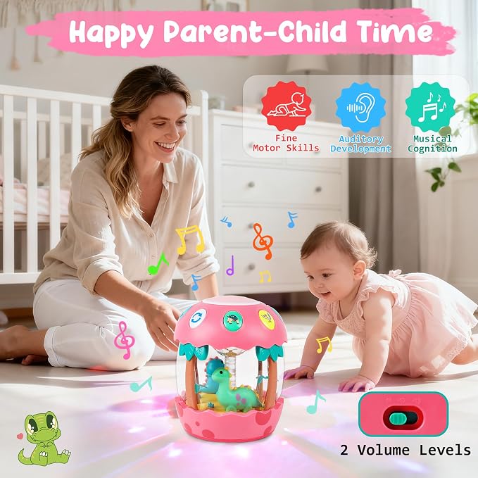 M SANMERSEN Baby Girl Toys, Dinosaur Rotating Light Up Musical Baby Toys for 12-18 Months Newborn Infant Crawling Tummy Time Toys, Birthday Easter Gifts for Baby Girls- Pink