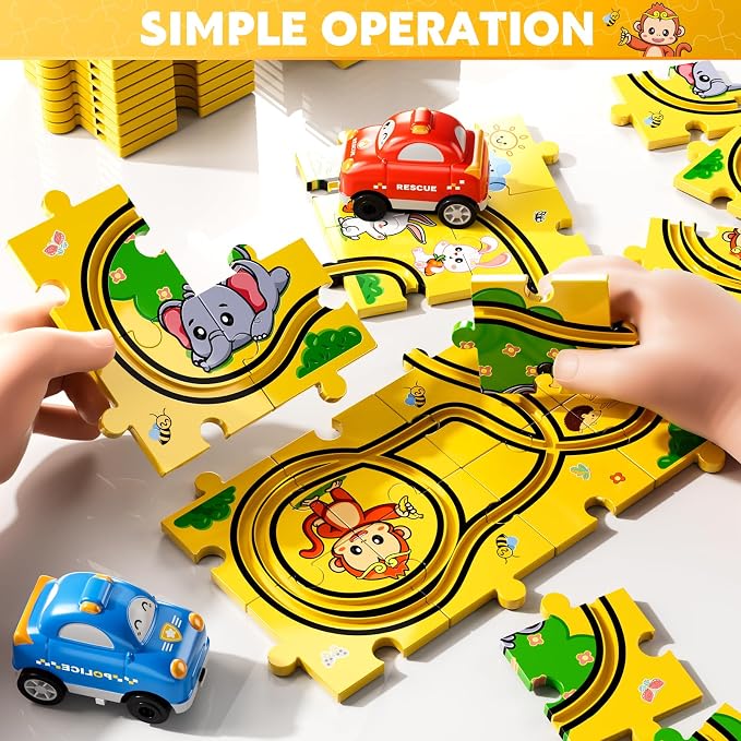 Bennol Puzzle Tracks Car Toys Gifts for 3 4 5 Year Old Boys 48PCS Puzzle Racer Cars Play Set for Kids Ages 3-5 4-6 Toys Gifts for 3 4 5 Year Old Boys Puzzle Racer Kids Car Track Set