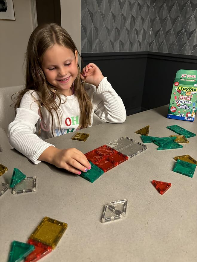 CreateOn Crayola Holiday Glitter Mini PIP Magnetic Tiles, Magnetic Kids’ Building Toys, STEM Learning Travel Toys for Boys and Girls, 27-Piece Set