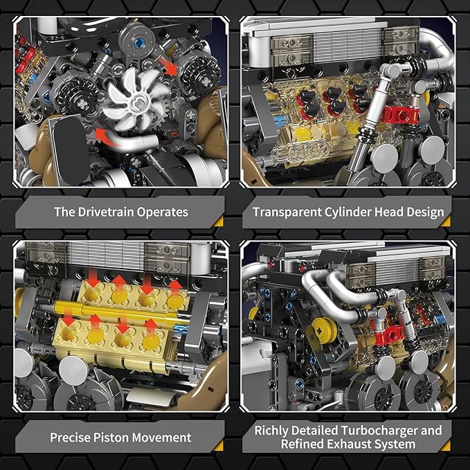 Mould King W16 Engine Building Blocks Set, Combustion Engine Model that Runs, Mini Engine Build Kit for Adults with Battery and Motor, Engineering Construction STEM Toy for Teens(952 Pcs)
