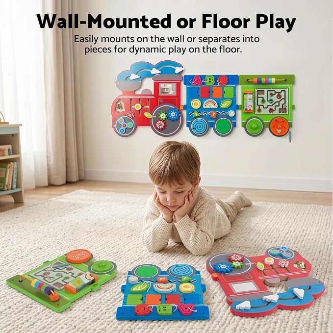 WOODENFUN Wooden Activity Wall Busy Board for Toddlers, 17 in 1 Train Montessori Sensory Wall Panel with Bead Maze, Baby Activity Center Learning Toys for Boys Girls